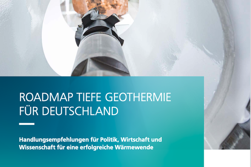 Ausschnit aus dem Cover der Geothermie-Roadmap zeigt den Titelschriftzug und einen Bohrer