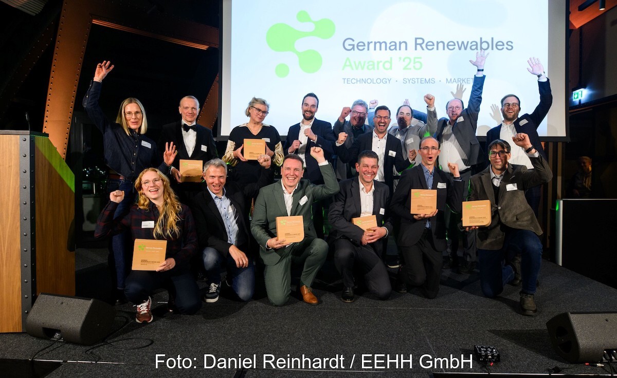 Die Verantwortlichen auf einer Bühne bei der Preisverleihung des German Renewables Awards 2025.