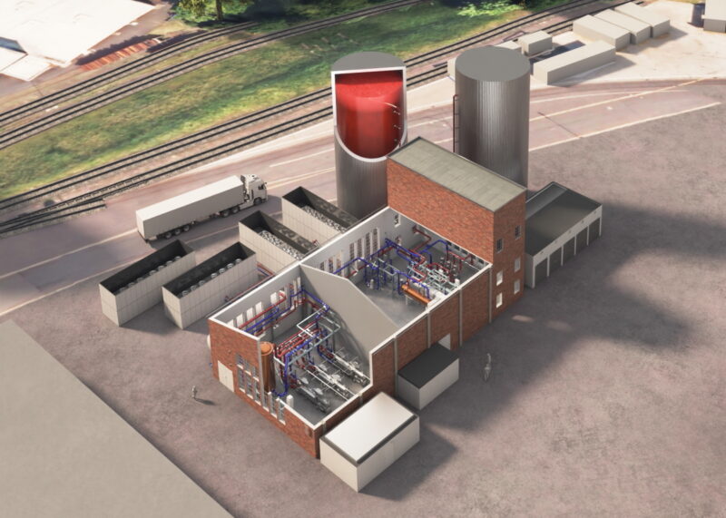 Visualisierung zeigte eine Power-to-Heat-Anlage von oben mit Blick auf die Komponenten.