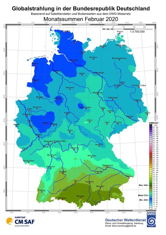 Zu sehen ist eine Deutschlandkarte mit der Sonneneinstrahlung im Februar 2020