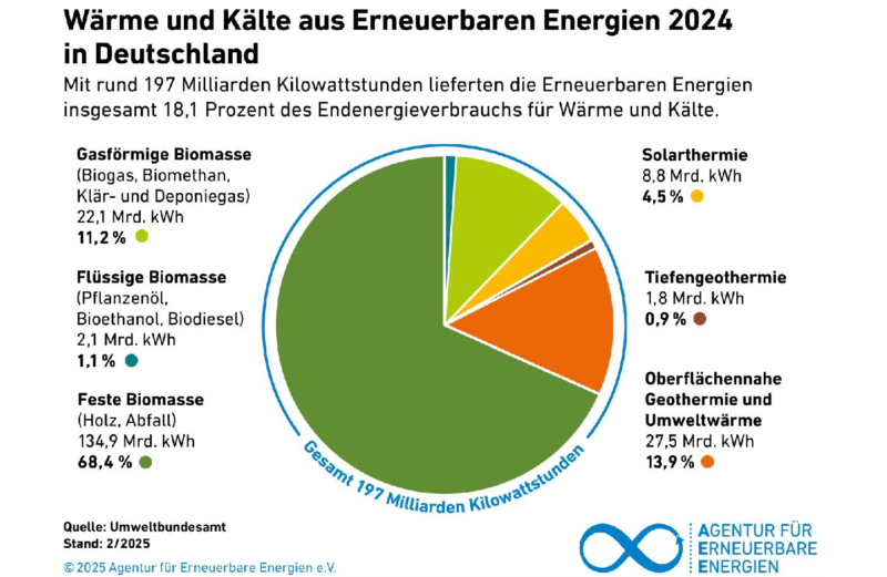 Ein Tortendiagramm zeigt die Anteile der erneuerbaren Energien an der Wärmeversorgung im Jahr 2024, die Wärmewende verläuft in den Bundesländern unterschiedlich.