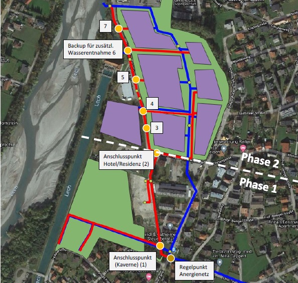 Zu sehen ist eine Animation des geplanten kalten Nahwärmenetzes in Reutte, das die Basis für die emissionsfreie Wärmeversorgung darstellt.