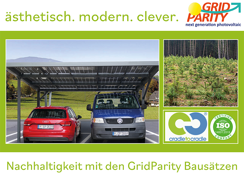 Solarcarport mit zwei Autos, Kiefernplantage, Logos cradletocradle und Certified Company Iso 14001/2015: Nachhaltigkeit mit den GridParity Bausätzen
