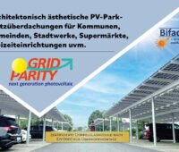 Abbildung von architektonisch ästhetischen PV-Parkplatzüberdachungen mit zertifiezierten Doppelglasmodulen von GridParity.