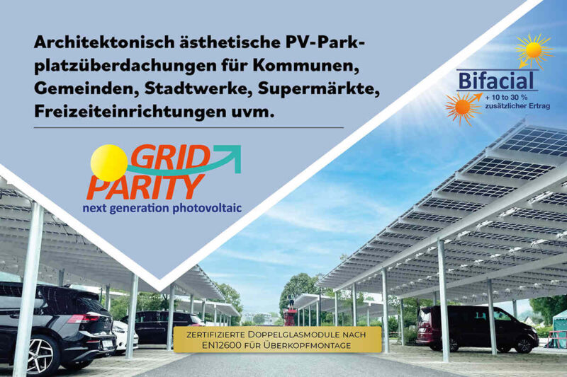 Abbildung von architektonisch ästhetischen PV-Parkplatzüberdachungen mit zertifiezierten Doppelglasmodulen von GridParity.
