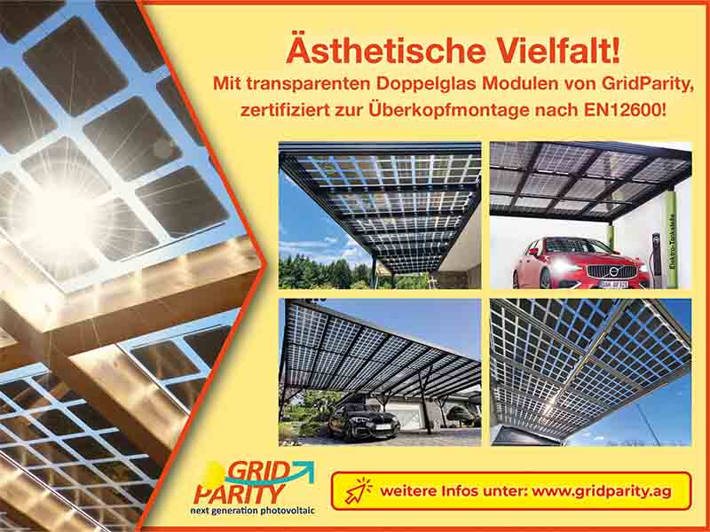 Ästhetische Vielfalt: Doppelglesmodule von GridParity zertifziert zur Überkopfmontage nach EN12600