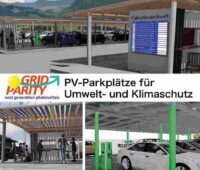 mehrere Photos mit großen PV-Parkplätzen von Gridparity in unterschiedlichen Designs