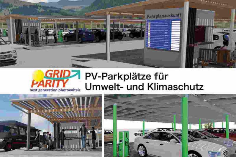 mehrere Photos mit großen PV-Parkplätzen von Gridparity in unterschiedlichen Designs