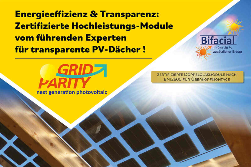 Zu sehen ist ein semitransparenten Doppelglasmodul von GridParity als Überdachung. Test auf gelben Grund: Enegieeffizienz und Transparenz: Zertifizierte Hochleistungsmodule vom führenden Experten für transparente PV-Dächer.