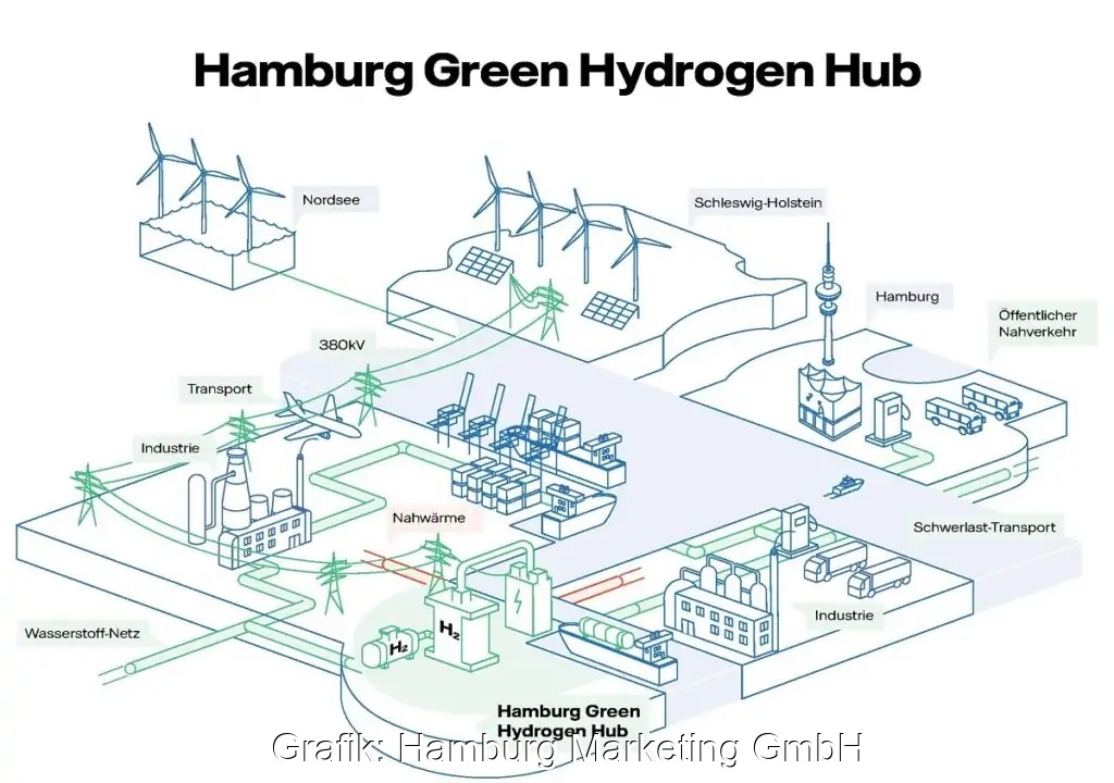 Zu sehen ist ein Schema, dass die geplante Wasserstoffinfrastruktur in Hamburg zeigt. Netzdienliche Elektrolyse muss Betriebsstunden für Systemdienstleistungen vorhalten.