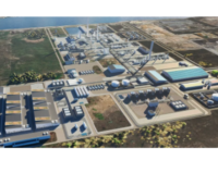 Computergenerierte Luftansicht der geplanten Industrieanlage H4 Marseille Fos mit Produktionsgebäuden, Tanks, Leitungen und Energieinfrastruktur in einem Industriegebiet nahe der Küste.