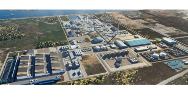 Computergenerierte Luftansicht der geplanten Industrieanlage H4 Marseille Fos mit Produktionsgebäuden, Tanks, Leitungen und Energieinfrastruktur in einem Industriegebiet nahe der Küste.
