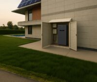 Batteriespeicher in einem Schrank an der Wand eines Hauses mit PV-Anlage.