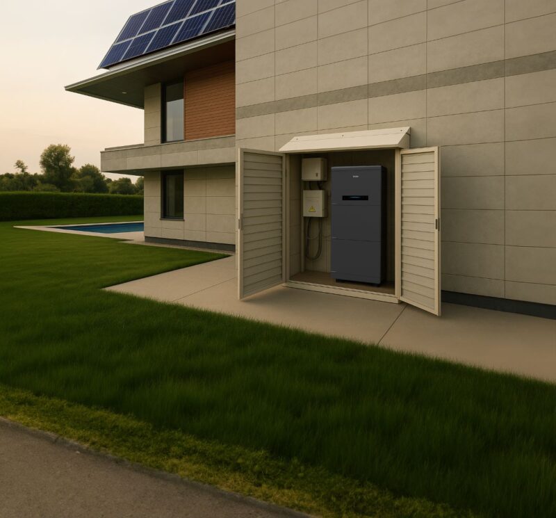 Batteriespeicher in einem Schrank an der Wand eines Hauses mit PV-Anlage.