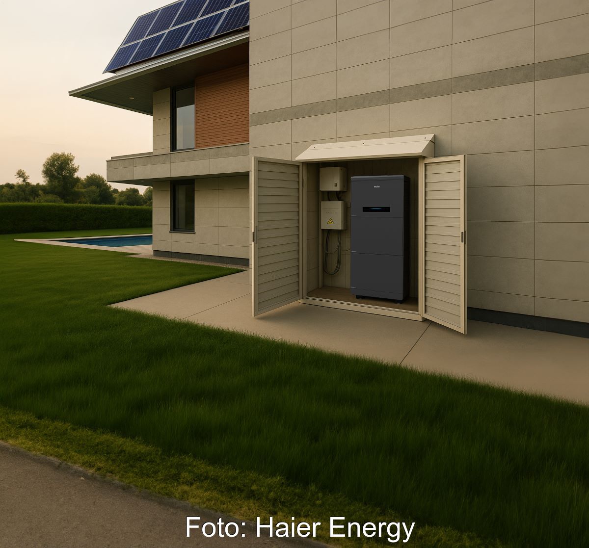 Batteriespeicher in einem Schrank an der Wand eines Hauses mit PV-Anlage.