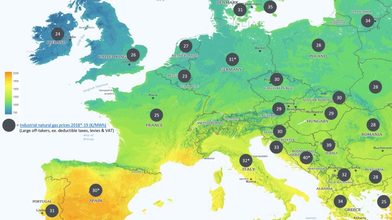 Zu sehen ist eine Europakarte mit Erdgaspreisen.