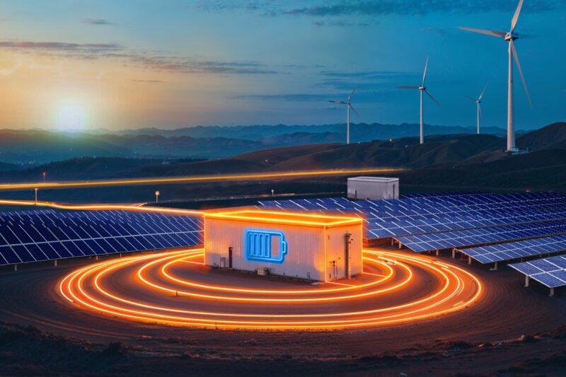 Zu sehen ist ein großer Batteriespeicher der von einer Spirale aus glühenden Kabeln umgeben ist. Die Kabel sind mit einem weitern Kabel aus einem Windpark und Solarpark vebunden.