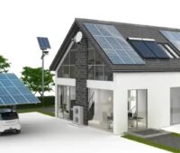 Im Bild eine Grafik eines Hauses mit Photovoltaik und E-Auto, IBC vertriebt Produkte von Huawei.