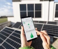 Im Bild eine Hand mit Handy-App vor PV-Modulen, Photovoltaik bleibt wirtschalftich.