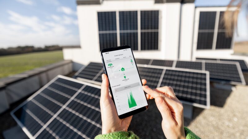 Im Bild eine Hand mit Handy-App vor PV-Modulen, Photovoltaik bleibt wirtschalftich.