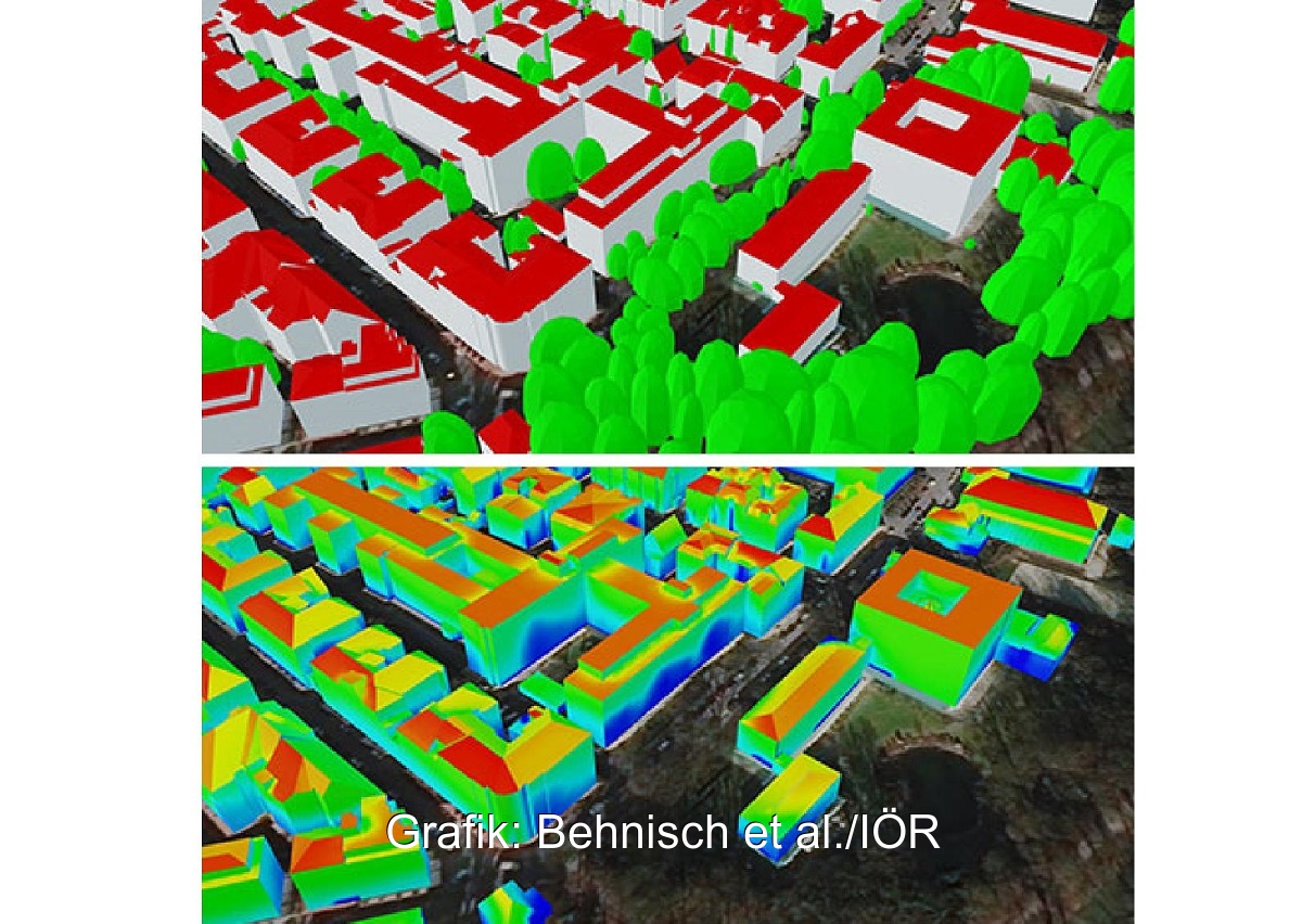 Zu sehen ist eine kleinräumige Solarpotenzialanalyse im Rahmen der IÖR-Studie über das Flächenpotenzial von Photovoltaik an Fassaden.