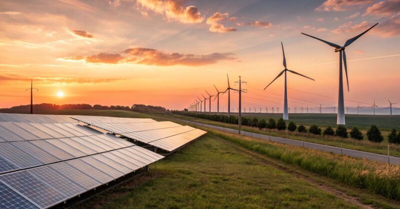 Große Freiflächen-Solaranlage im Vordergrund und mehrere Windkraftanlagen entlang einer Straße bei Sonnenuntergang.