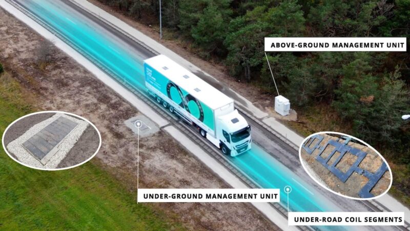 Die Grafik zeigt, wie E-Fahrzeuge auf der Autobahn induktiv laden sollen.