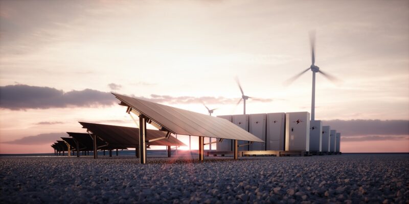 Zu sehen sind symbolisch Photovoltaik und Windkraft, die den inngoy Batteriespeicher speisen sollen.