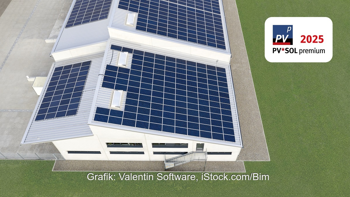 Eine Grafik eines Hauses mit PV-Anlage, Valentin Software zeigt auf der Intersoalr 2025 neue Versionen von PVSol und GeoTSol.