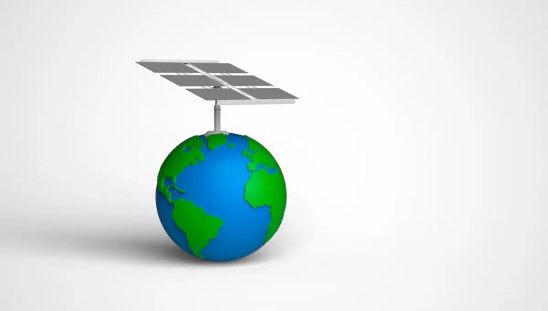 Erdkugel mit übergroßem PV-Modul, ein digitaler Zwilling unseres Planeten und ein KI-basiertes Wettervorhersagemodell EPT-2 soll natürliche Entwicklungen und extreme Wetterereignisse mit höchster lokaler Präzision auf globaler Ebene vorhersagen.
