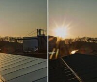 Zwei Fotos im Vergleich: eines zeigt Lichtreflexionen des Solardaches, das zweite keine.