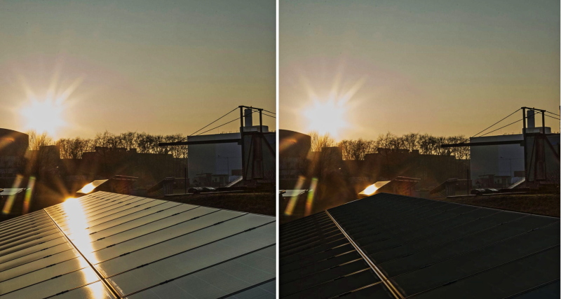 Zwei Fotos im Vergleich: eines zeigt Lichtreflexionen des Solardaches, das zweite keine.