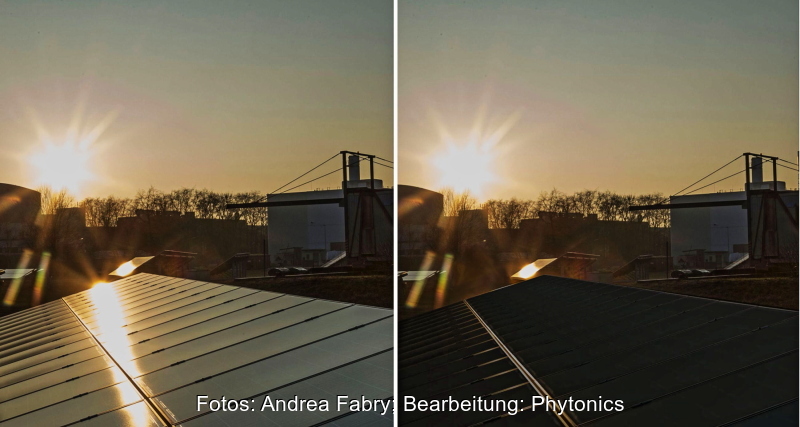 Zwei Fotos im Vergleich: eines zeigt Lichtreflexionen des Solardaches, das zweite keine.