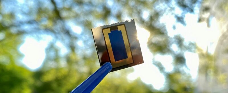Zu sehen ist eine Pinzette, die eine der Perowskit/CIS-Tandem-Solarzellen vor die Kamera hält.