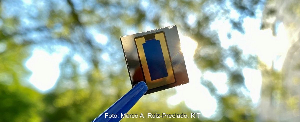 Zu sehen ist eine Pinzette, die eine der Perowskit/CIS-Tandem-Solarzellen vor die Kamera hält.