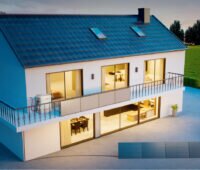 Zu sehen ist ein modernes von innen beleuchtets Einfamilienhaus mit einem mobillen Speicher von Jackery auf dem Balkon und angeschlossenen PV-Modulen, die auf der Terasse aufgestellt sind.