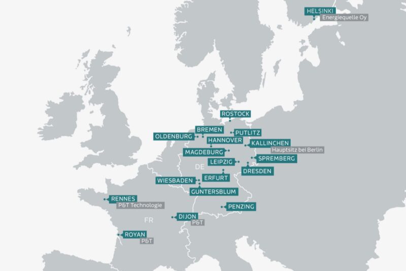 Europakarte der Standorte von Energiequelle, inkl. des neuen Standortes in der Lausitz