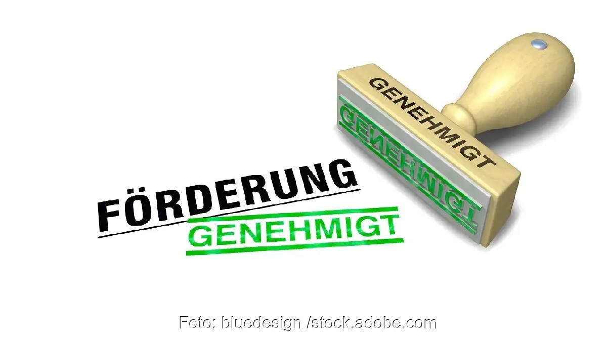 Unter dem Wort Förderung steht in Grün gestempelt "Genehmigt" als Symbol für die Effizienzhaus 55-Plus-Förderung. Daneben liegt der dazugehörige Genehmigt-Stempel.
