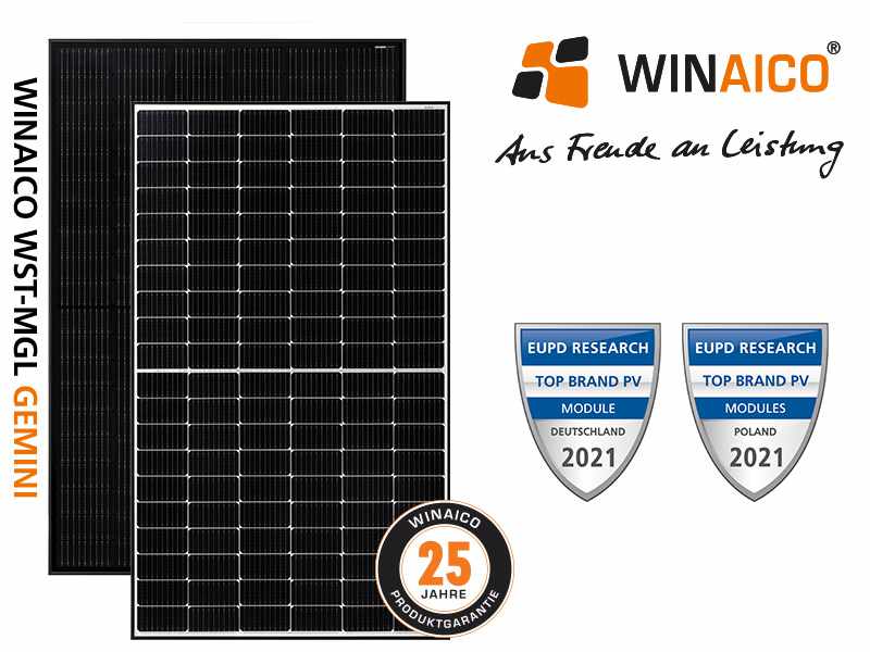 Winaico-aus Freude an Leistung: Abbildung zwei Photovoltaikmodule WST-MGL Gemini: 25 Jahre Produktgarantie_Top Btand PV Module EUPD Research 2021
