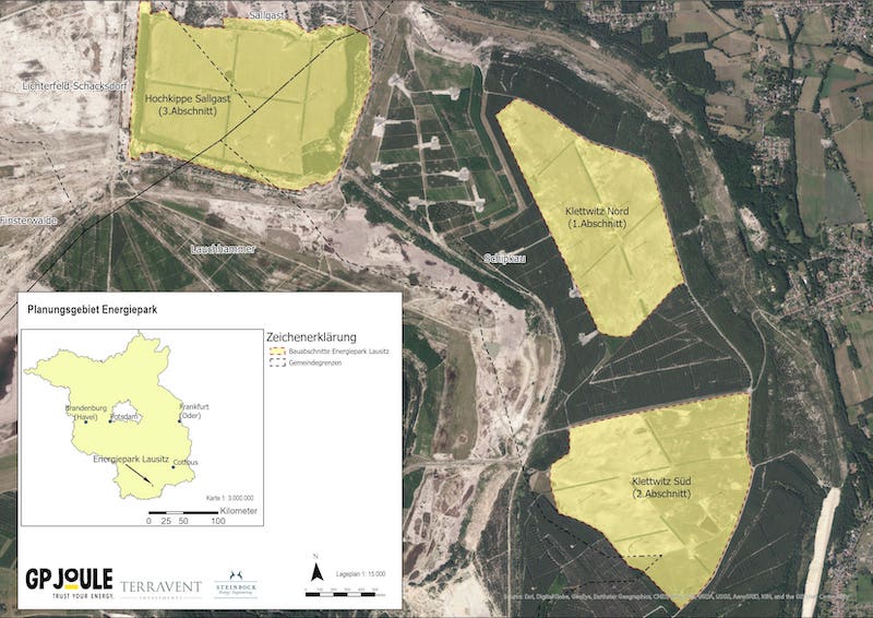 Sattelitenbild mit eingezeichneten Flächen für den Energiepark Lausitz