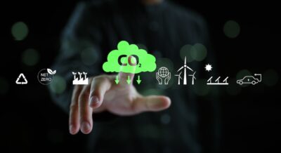 Grüne Wolke mit Aufschrift CO2 und Pfeilen nach unten, erneuerbare energien symbole - Symbolbild für Klimaschutz und COP2028