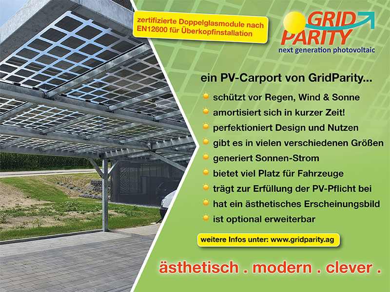 Photo PV-Carport; Daneben Text: ein PV-Carport von Gridparity und die unterschiedlichen Vorteile: weitere Infos unter www.gridparity.ag
