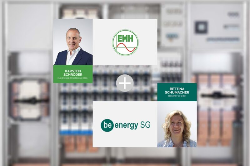 Zu sehen ist eine Abbildung mit den Logos und den Geschäftsführer:innen zur Kooperation von EMH und BeEnergy SG.