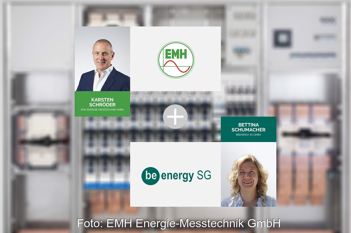 Zu sehen ist eine Abbildung mit den Logos und den Geschäftsführer:innen zur Kooperation von EMH und BeEnergy SG.