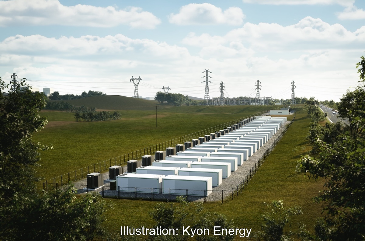 Illustration einer Großbatterie von Kyon, eine Reihe von weißen Containern