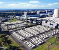 Eine Illustration zeigt, wie der Gigawatt-Batteriespeicher am Braunkohlekraftwerk Jänschwalde aussehen soll.