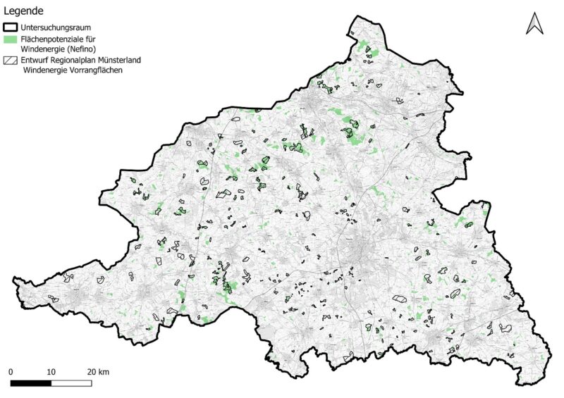 Im Bild eine Karten, die die Vorrangflächen für Windenergie im Regionalplan Münster den geeigneten Flächen gegenüber stellt.