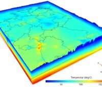 Zu sehen ist ein geothermisches Informationssystem mit dem Ausschnitt einer 3-D-Temperaturkarte von Deutschland in einer Tiefe von 2000 Metern.