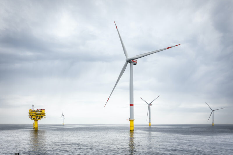 Windenergieanlagen stehen vor einem blassen Himmel im Wasser.