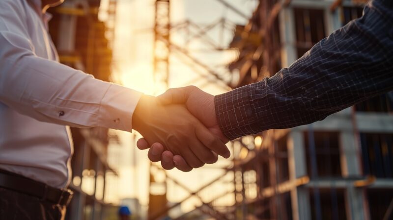 Handschlag auf einer Baustelle vor Sonnenuntergang